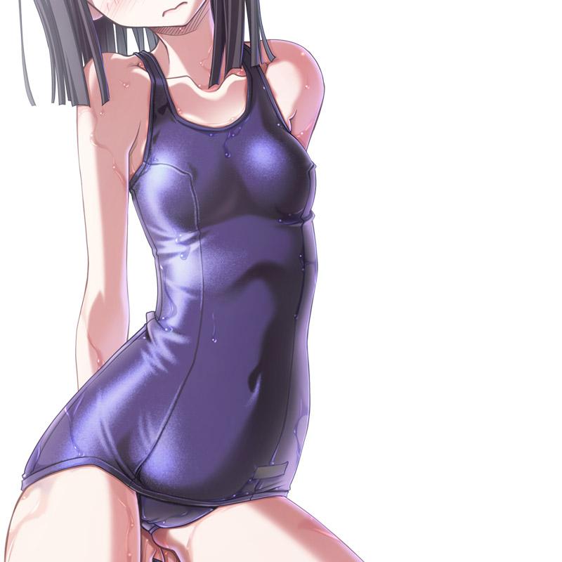 sakuya tsuitachi, sengoku nadeko, bakemonogatari, monogatari (series), original, textless version, 00s, 1girl, black hair, breasts, covered erect nipples, female focus, medium breasts, one-piece swimsuit, purple one-piece swimsuit, purple school swimsuit, school swimsuit, skinny, solo, swimsuit, wet, white background