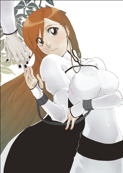 fusion-s, inoue orihime, bleach, 00s, breasts, cape, chain, cuffs, large breasts, leaf, long hair, nail polish, orange hair, red hair, solo, very long hair