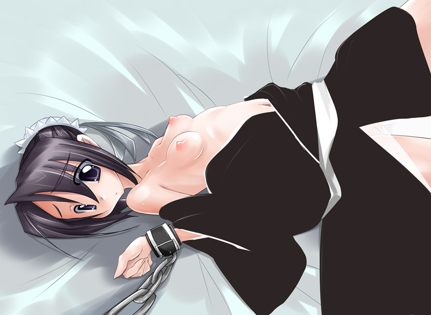 hinamori momo, bleach, 00s, 1girl, bdsm, bed, black hair, breasts, bun cover, chain, cuffs, female focus, flat chest, hair bun, japanese clothes, lying, nipples, open clothes, open shirt, pussy, see-through clothes, shackles, shirt, single hair bun, small breasts, solo