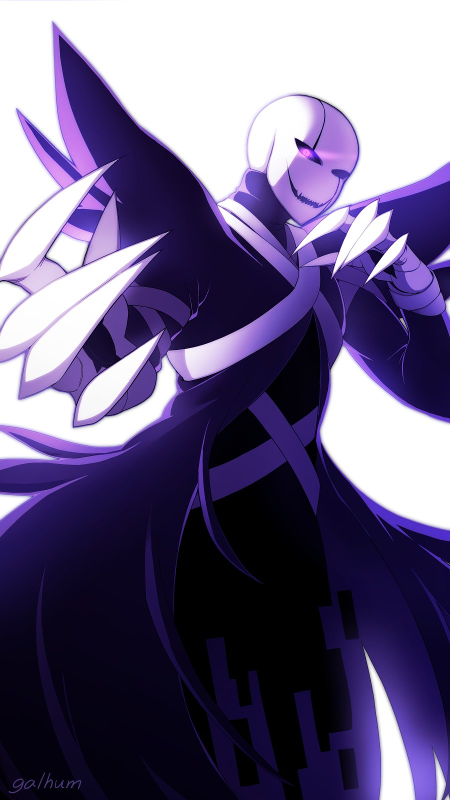 w.d. gaster, undertale, utdr (toby fox), xtale, commentary, english commentary, highres, 1boy, :d, ||/, alternate universe, artist name, backlighting, bald, black coat, black mouth, black pants, black sclera, coat, colored sclera, cowboy shot, flaming eye, foreshortening, galhum (galhum55), glowing, glowing eye, hand up, looking at viewer, male focus, open clothes, open coat, open mouth, pants, purple eyes, reaching, reaching towards viewer, scar across eyes, sharp teeth, simple background, skeleton, smile, solo, standing, teeth, white background