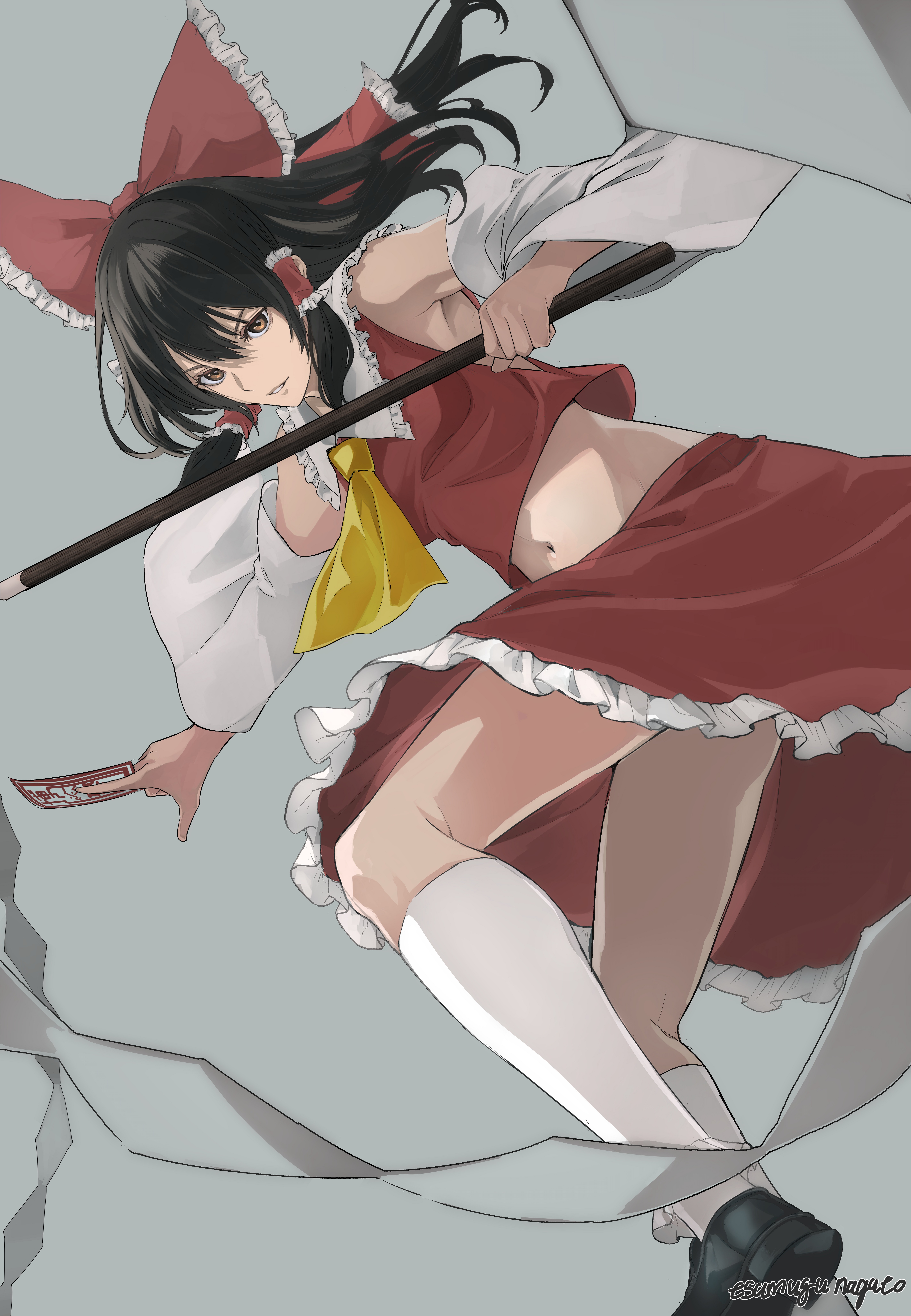 nagato tsumugu, hakurei reimu, touhou, absurdres, commentary request, highres, 1girl, ascot, between fingers, black hair, black shoes, bow, brown eyes, collar, detached sleeves, foot out of frame, frilled bow, frilled hair tubes, frilled shirt collar, frills, from below, gohei, grey background, hair bow, hair tubes, holding, holding gohei, long hair, midriff, navel, ofuda, ofuda between fingers, parted lips, red bow, red shirt, red skirt, shirt, shoes, signature, skirt, socks, solo, thighs, white collar, white sleeves, white socks, yellow ascot