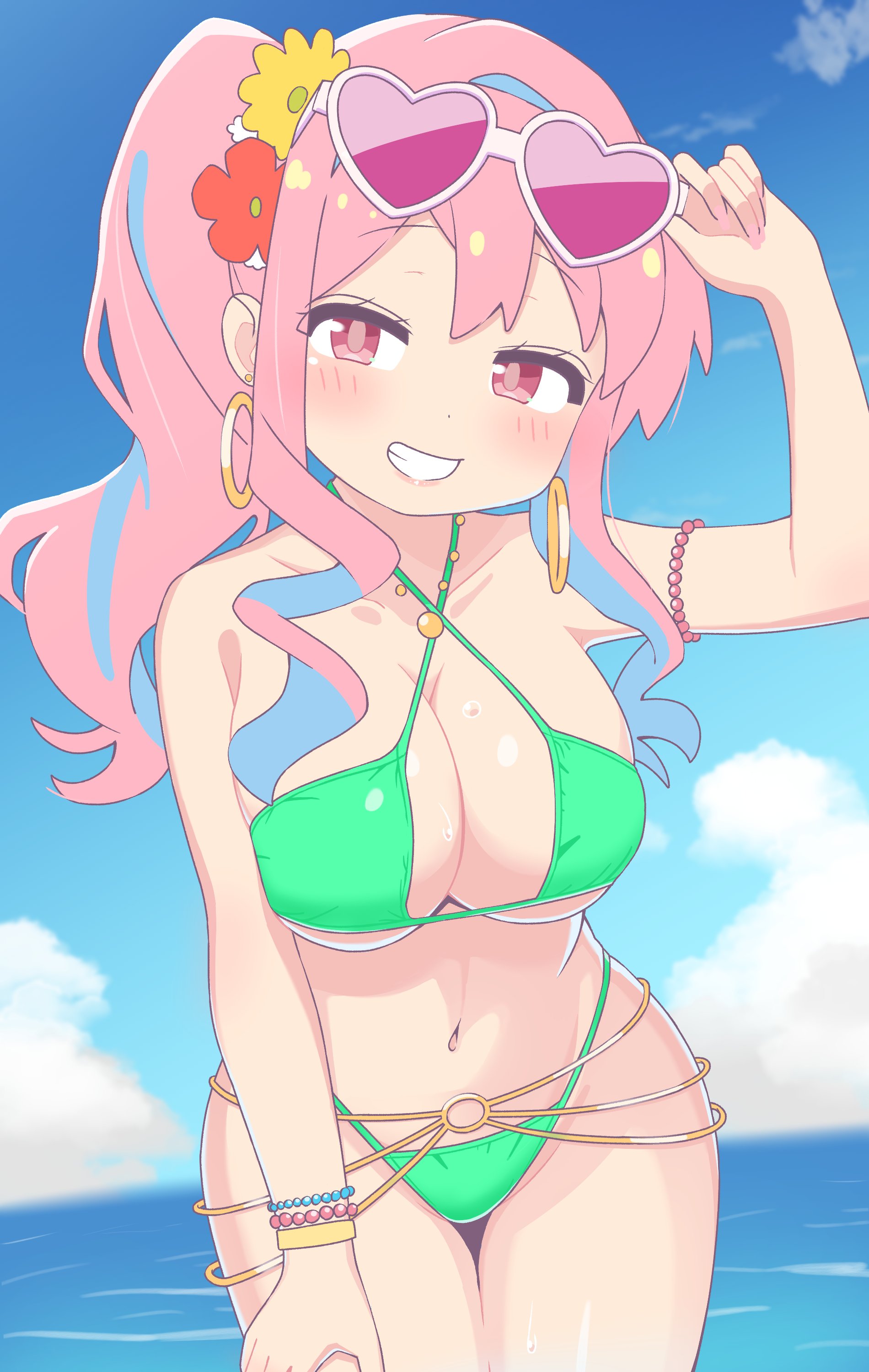 achat, hozuki kaede, onii-chan wa oshimai!, absurdres, commentary, highres, 1girl, adjusting eyewear, bare arms, bare shoulders, bead armlet, bead bracelet, beads, belly chain, bikini, blue hair, blue sky, blush, bracelet, breasts, cleavage, cloud, collarbone, cowboy shot, criss-cross halter, day, double-parted bangs, dutch angle, earrings, eyewear lift, eyewear on head, flower, green bikini, grin, hair flower, hair ornament, halterneck, hand on eyewear, hand on own thigh, heart, heart-shaped eyewear, hoop earrings, huge breasts, jewelry, long hair, looking at viewer, multicolored hair, navel, necklace, outdoors, pink-tinted eyewear, pink hair, ponytail, red eyes, sidelocks, sky, smile, solo, stomach, sunglasses, swimsuit, thigh gap, tinted eyewear, two-tone hair, water, white-framed eyewear