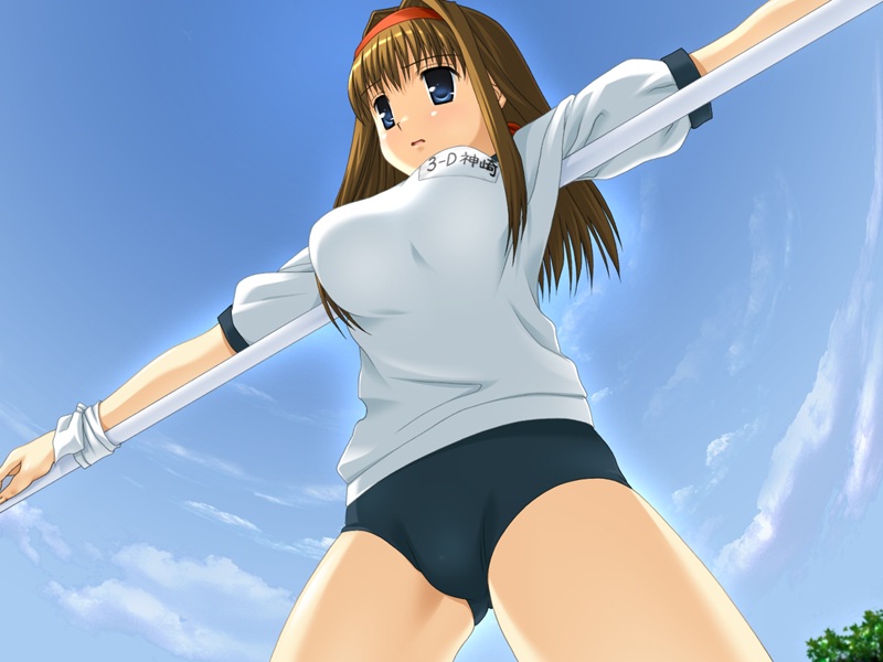 1girl, bdsm, blue eyes, bondage, bound, breasts, brown hair, female focus, gym uniform, hairband, large breasts, looking up, solo