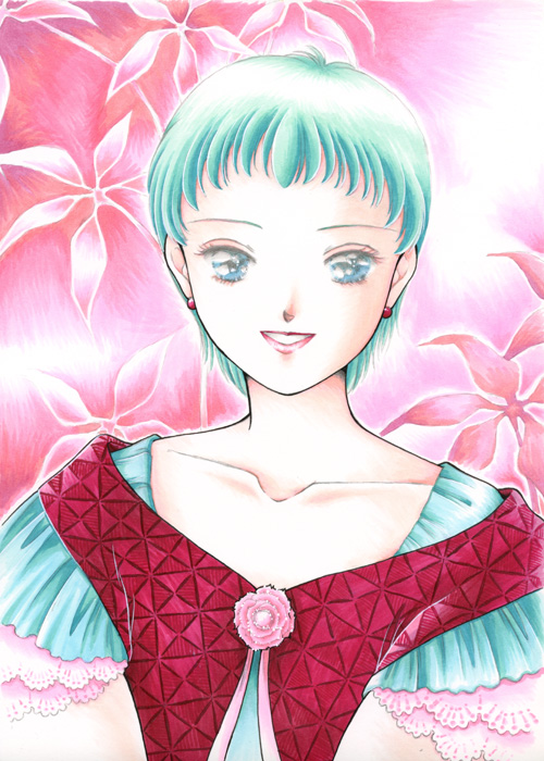 katue piason, ginga hyouryuu vifam, original, 1980s (style), commentary request, 1girl, aged up, aqua eyes, aqua hair, dress, earrings, flower, grin, jewelry, looking at viewer, oldschool, portrait, redesign, retro artstyle, rose, science fiction, smile, yumemi ai