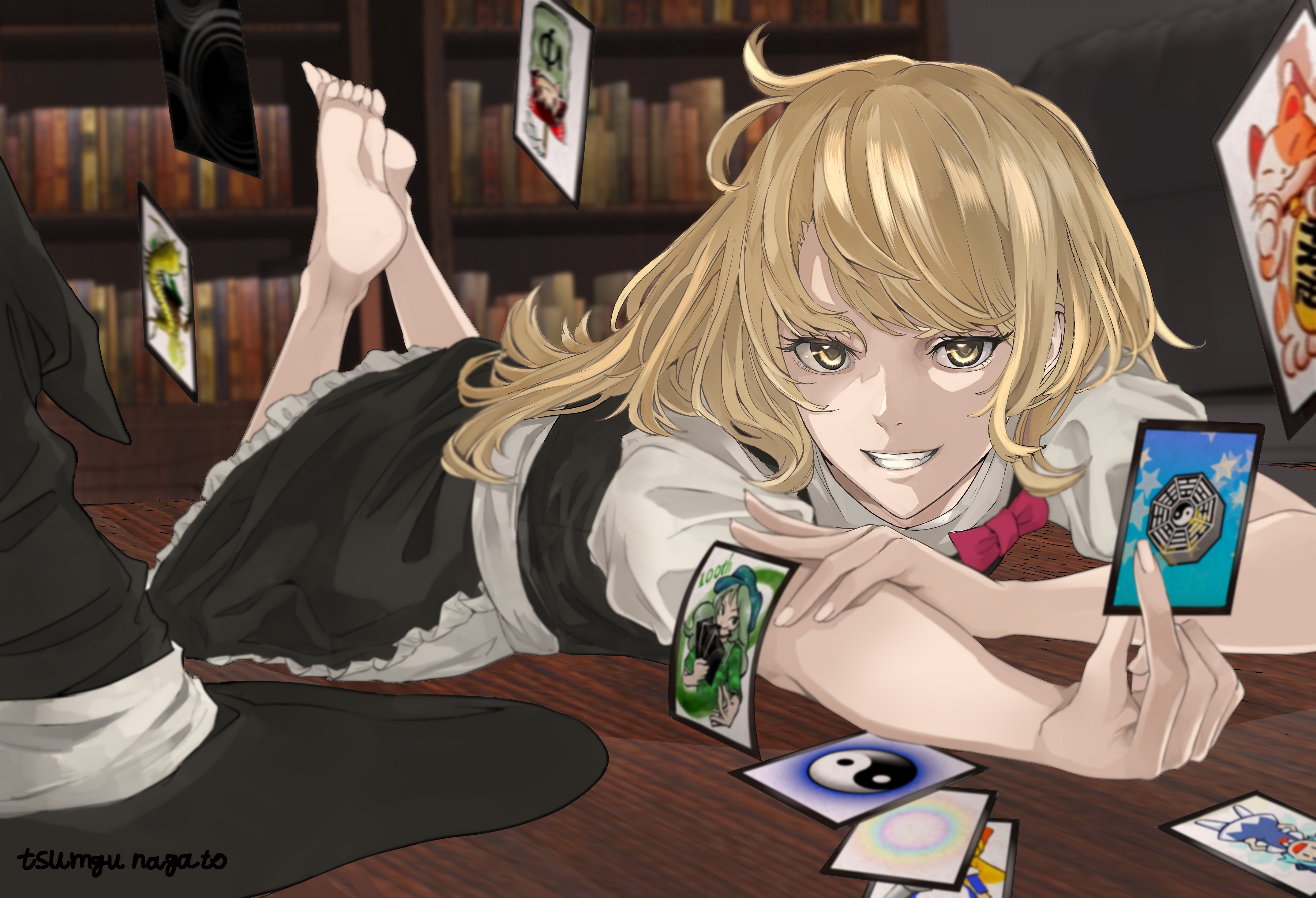 nagato tsumugu, cirno, hakurei reimu, kirisame marisa, shanghai doll, yamashiro takane, 100th black market, touhou, absurdres, commentary request, highres, 1girl, ability card (touhou), apron, barefoot, black hat, black skirt, black vest, blonde hair, blurry, bookshelf, bow, card, depth of field, fang, feet, feet up, fingernails, frilled apron, frilled skirt, frills, grin, hat, holding, holding card, indoors, long hair, looking at viewer, lying, maneki-neko, mini-hakkero, no headwear, on stomach, on table, open mouth, red bow, shirt, short sleeves, skirt, smile, soles, solo, table, the pose, toes, unworn headwear, vest, white apron, white shirt, witch hat, yellow eyes, yin yang