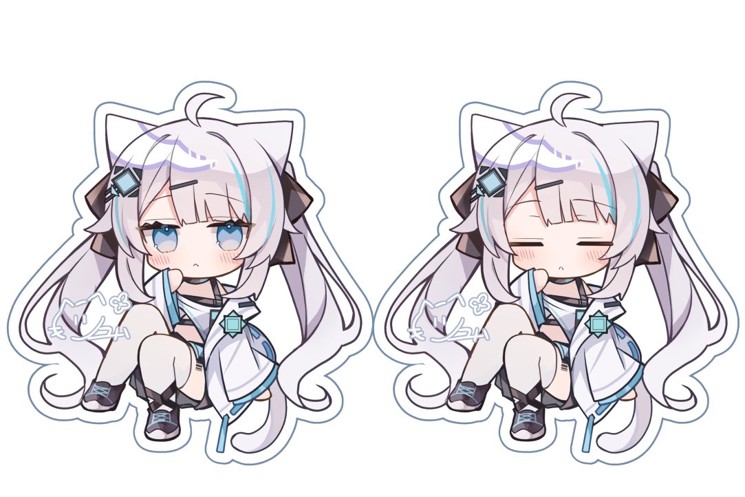 ringouulu, original, commentary, commission, skeb commission, 1girl, :<, ahoge, animal ears, black ribbon, black shoes, black shorts, blue eyes, blue streaks, blunt bangs, blush, borrowed character, cat ears, cat girl, cat tail, chibi, chibi only, closed eyes, closed mouth, full body, hair ornament, hair ribbon, hairclip, jacket, long hair, long sleeves, looking at viewer, multicolored hair, multiple views, open clothes, open jacket, outline, parted bangs, ribbon, shoes, shorts, signature, simple background, sitting, streaked hair, tail, thighhighs, twintails, very long hair, white background, white hair, white jacket, white outline, white thighhighs