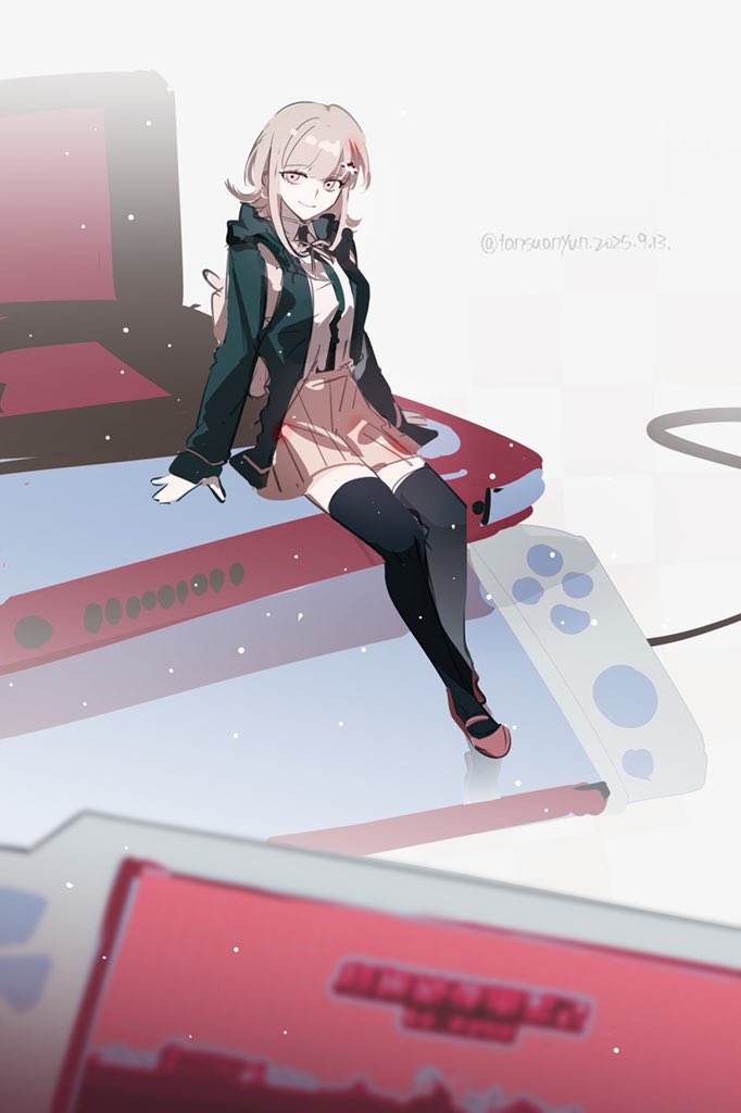 tansuan yun, nanami chiaki, danganronpa (series), danganronpa 2: goodbye despair, 1girl, black thighhighs, hair ornament, handheld game console, hood, hooded jacket, jacket, mini person, minigirl, nintendo ds, nintendo switch 2, open clothes, open jacket, pink hair, pink skirt, playstation portable, sitting, skirt, solo, thighhighs, twitter username, white background
