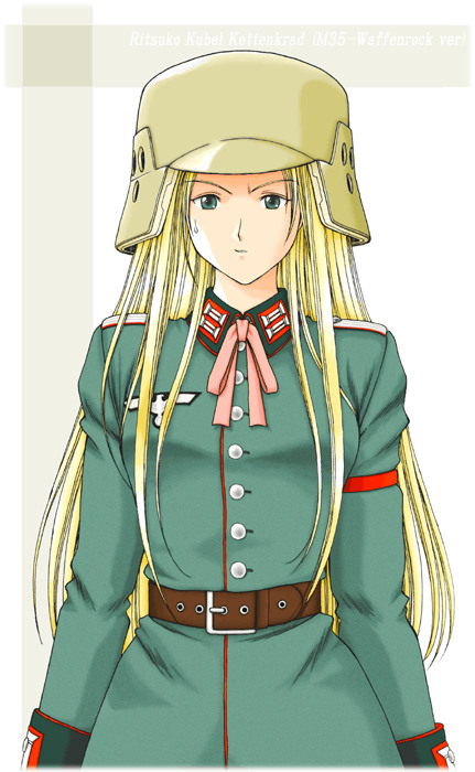 kasukabe saki, ritsuko kubel kettenkrad, genshiken, original, commentary request, spoilers, 1girl, belt, blonde hair, combat helmet, cosplay, helmet, kio shimoku (style), looking at viewer, military rank insignia, military uniform, nervous, redesign, ribbon, ritsuko kubel kettenkrad (cosplay), scene reference, serious, sweatdrop, wehrmacht, yumemi ai
