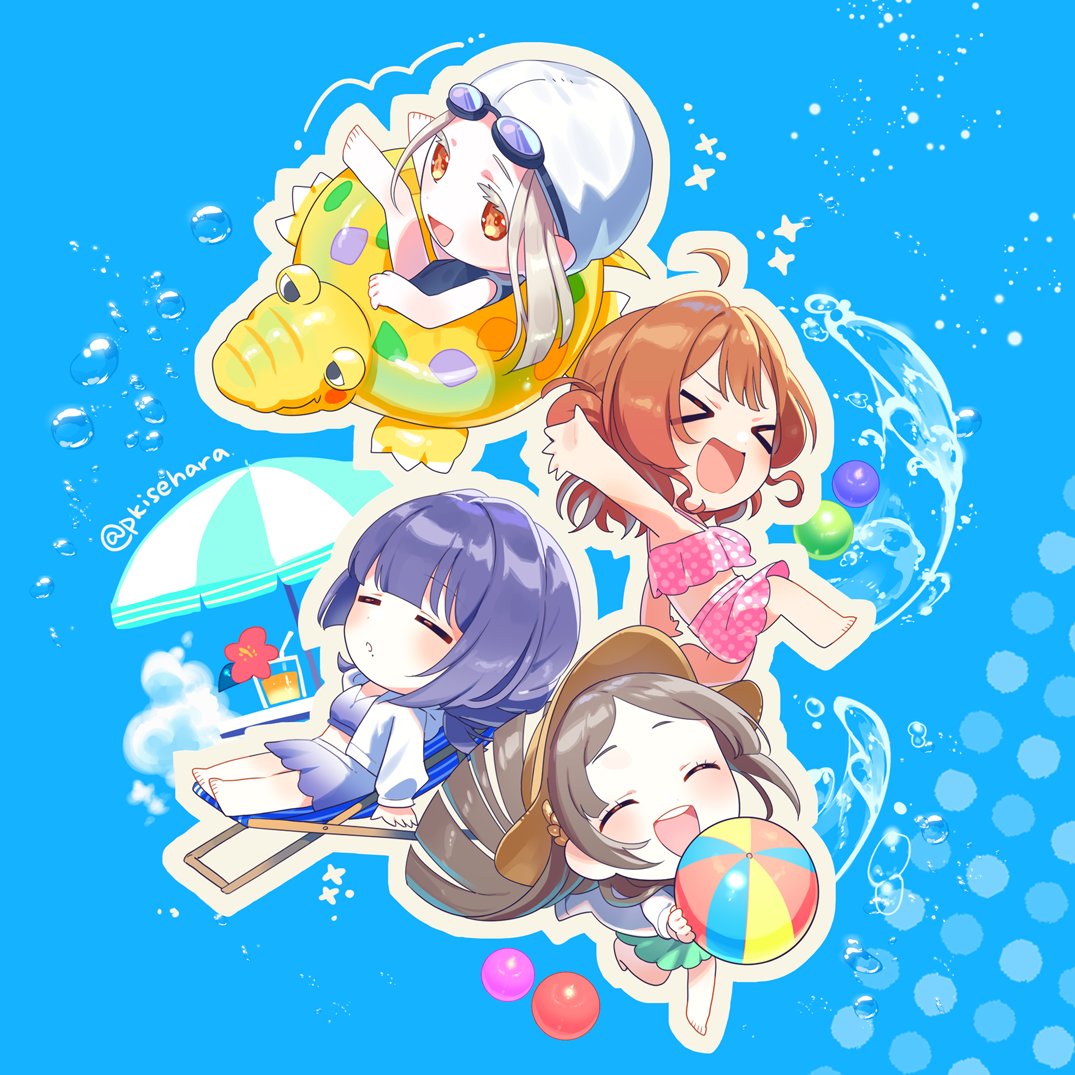 pjkuasu, hanami ume, hataya misuzu, kuramoto china, shinosawa hiro, gakuen idolmaster, idolmaster, facing up, > <, 4girls, = =, ahoge, air bubble, ball, beach umbrella, beachball, bikini, bikini skirt, blonde hair, blue background, blue one-piece swimsuit, blush, brown hair, bubble, chair, chibi, closed eyes, colored eyelashes, deformed, drinking straw, facing another, floating hair, flower, goggles, goggles on head, gradient hair, green skirt, hair bun, hand up, hat, hibiscus, holding, holding ball, holding beachball, inflatable crocodile, jacket, long hair, long sleeves, looking back, lying, mole, mole under mouth, multicolored hair, multiple girls, on chair, one-piece swimsuit, open clothes, open jacket, open mouth, orange eyes, outline, parted bangs, parted lips, pink bikini, purple bikini, purple hair, running, short hair, skirt, sleeping, smile, sparkle, splashing, swim cap, swim goggles, swimsuit, table, teeth, thick outlines, tropical drink, twitter username, umbrella, upper teeth only, very long hair, white jacket, white outline