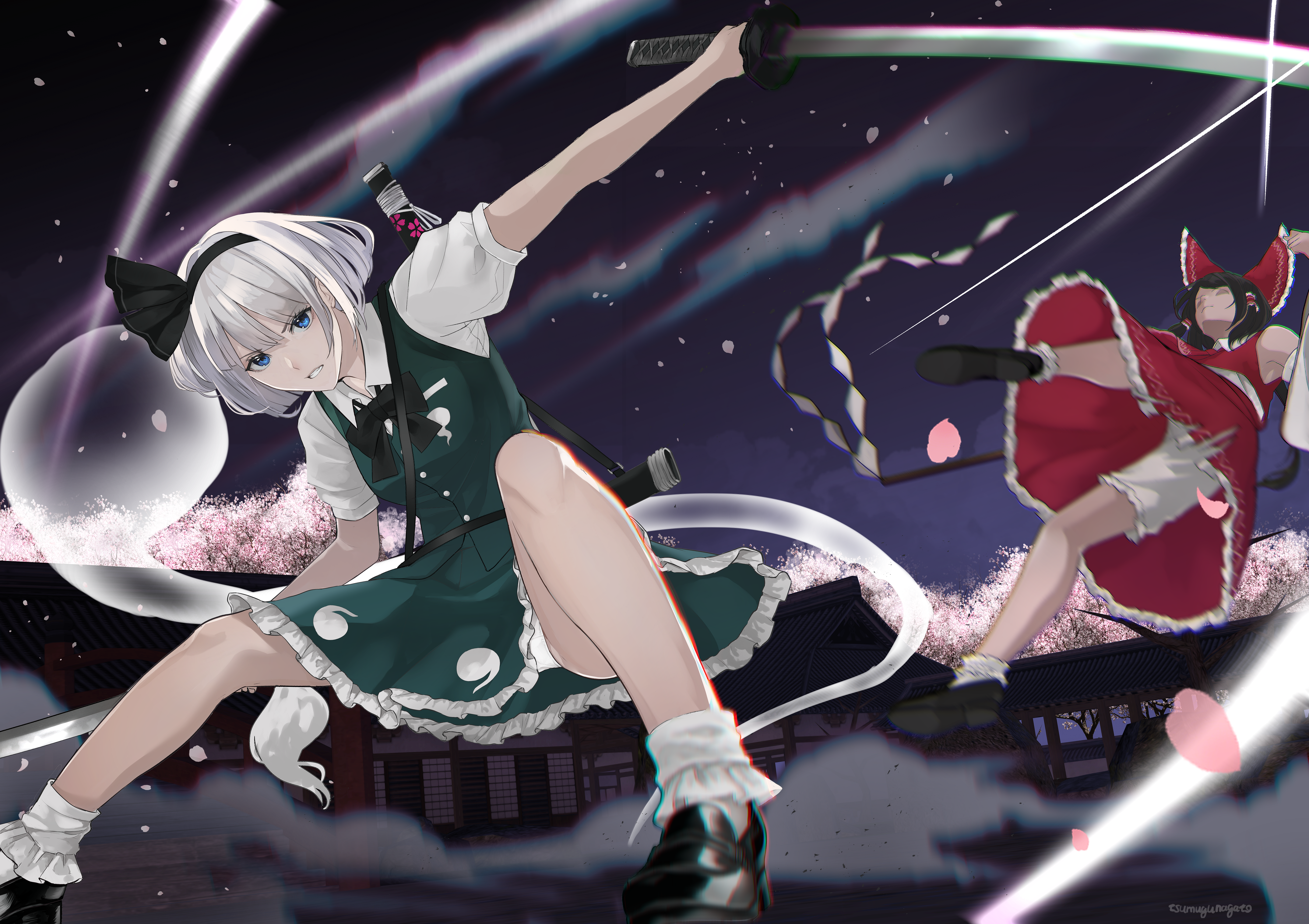 nagato tsumugu, hakurei reimu, konpaku youmu, konpaku youmu (ghost), touhou, absurdres, highres, 2girls, 3d background, architecture, ascot, black bow, black bowtie, black hair, black hairband, black ribbon, black shoes, bloomers, blue eyes, blurry, bow, bowtie, cherry blossom print, cherry blossoms, chromatic aberration, clenched teeth, cloud, collared shirt, concentrating, depth of field, detached sleeves, dust cloud, east asian architecture, floral print, frilled bow, frilled hair tubes, frilled skirt, frilled socks, frills, ghost print, gohei, green skirt, green vest, grey hair, hair bow, hair ribbon, hair tubes, hairband, hakugyokurou, holding, holding gohei, holding sword, holding weapon, katana, knees, long hair, motion blur, multiple girls, night, night sky, open mouth, panties, pantyshot, pink petals, purple sky, red ascot, red skirt, red vest, ribbon, sheath, shirt, shoes, short hair, short sleeves, skirt, sky, slashing, socks, sword, sword tassel, tassel, teeth, thighs, torn clothes, torn skirt, underwear, vest, weapon, white bloomers, white panties, white shirt, white socks