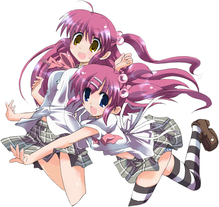 hizuki yayoi, futaki kanata, saigusa haruka, little busters!, striped legwear, 2girls, blue eyes, bow, hair ornament, hairclip, half updo, multiple girls, pink bow, purple hair, siblings, sisters, striped clothes, striped thighhighs, thighhighs, yellow eyes