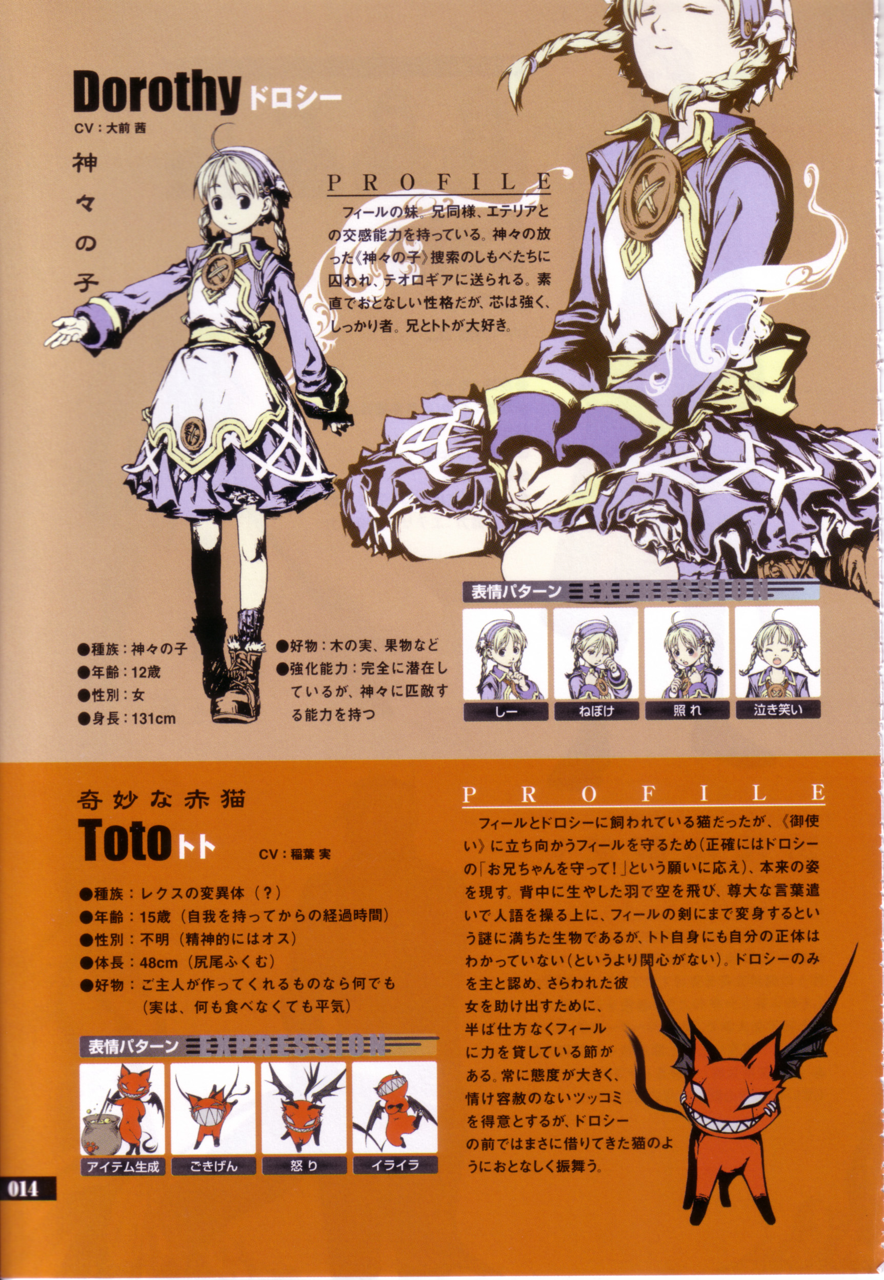 ishikawa fumi, dorothy (over zenith), toto (over zenith), over zenith, the wizard of oz, pot, absurdres, highres, official art, scan, 1girl, ahoge, bandana, bat wings, blonde hair, boots, braid, child, closed eyes, dancing, demon, dress, flat chest, grin, hat, long hair, monster, outstretched arm, outstretched hand, reference sheet, sitting, smile, socks, standing, teeth, twin braids, wings