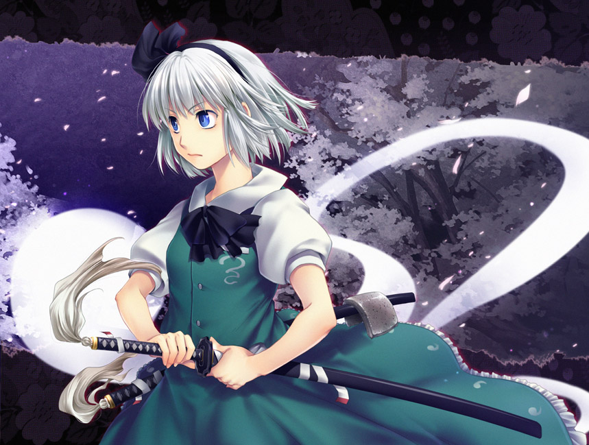 490 (spinoza490), konpaku youmu, konpaku youmu (ghost), touhou, 1girl, blue eyes, female focus, hairband, hitodama, katana, petals, serious, solo, sword, weapon, white hair