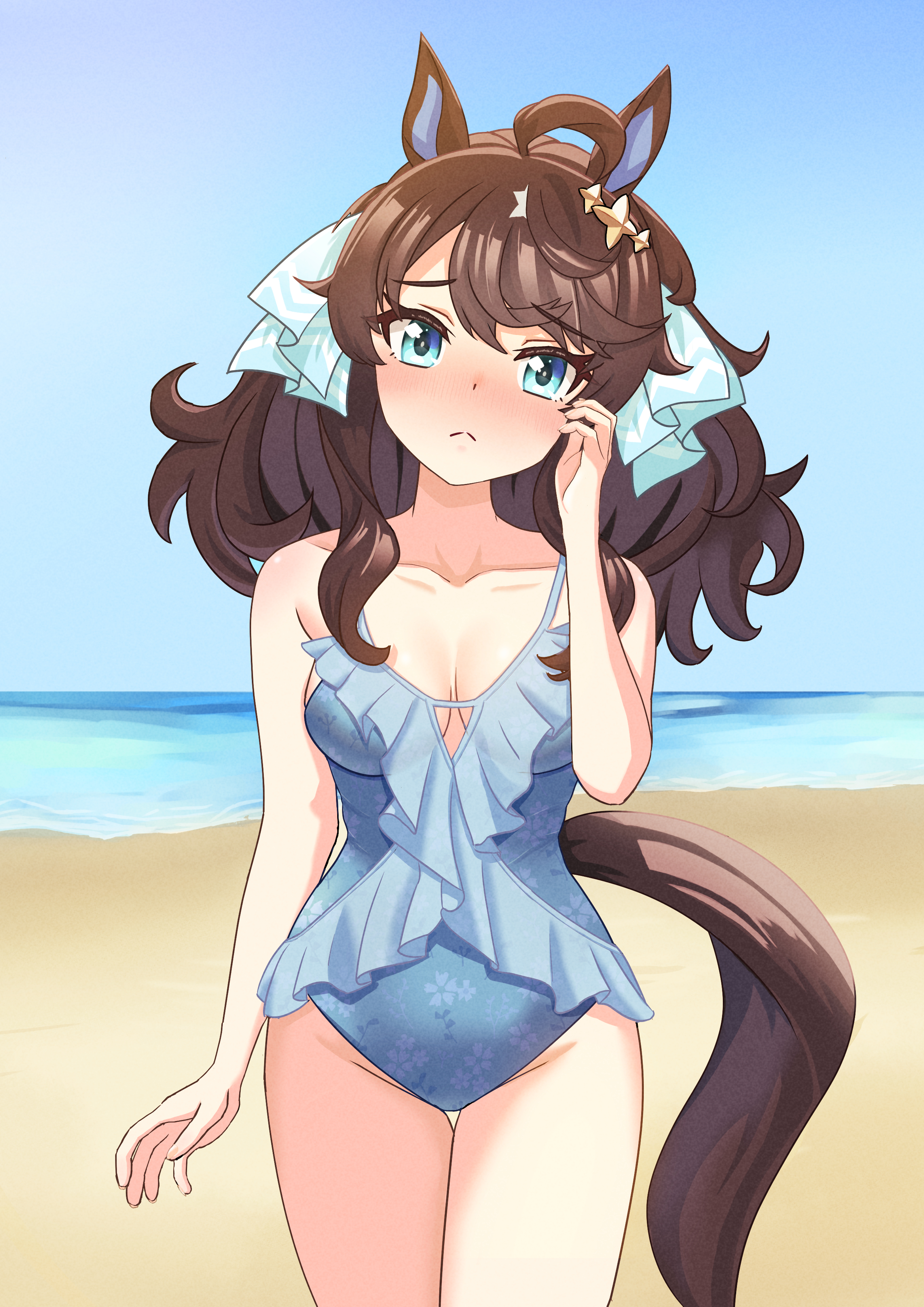 daring tact (umamusume), umamusume, absurdres, commentary request, highres, 1girl, :<, alternate costume, beach, black hair, blue eyes, blush, breasts, cleavage, collarbone, hair between eyes, hair ornament, horse girl, laurel 1996, looking at viewer, ocean, open mouth, sky, solo, star (symbol), star hair ornament, swimsuit