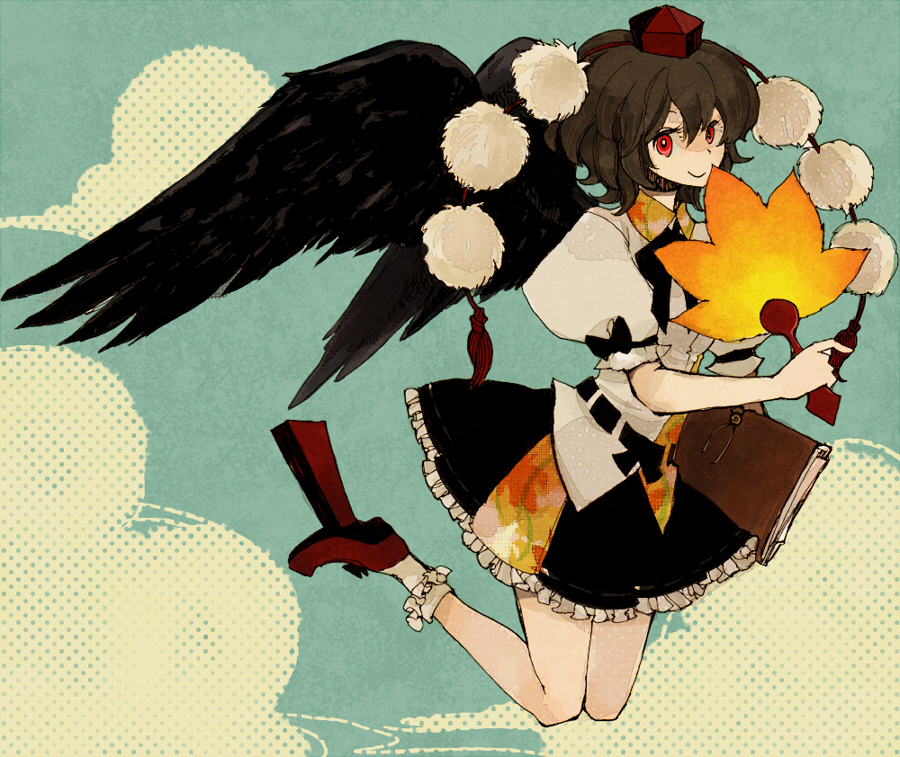 l hakase, shameimaru aya, touhou, bad id, bad pixiv id, 1girl, black hair, black wings, female focus, geta, hand fan, hat, looking at viewer, red eyes, solo, tengu-geta, wings
