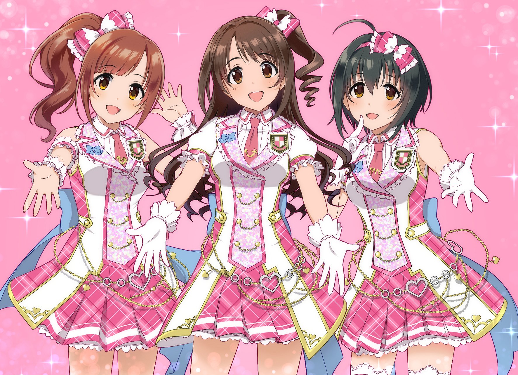 natsuya (natuya777), igarashi kyoko, kohinata miho, shimamura uzuki, idolmaster, idolmaster cinderella girls, idolmaster cinderella girls starlight stage, highres, 3girls, ahoge, arm garter, back bow, bare shoulders, belly chain, black hair, blue bow, blush, bow, breasts, brown eyes, brown hair, cowboy shot, dot nose, dress, finger to mouth, frilled skirt, frills, gloves, hair bow, hairband, hand up, index finger raised, jewelry, long hair, looking at viewer, medium breasts, multiple girls, necktie, one side up, open mouth, pink background, pink bow, pink check school (idolmaster), pink dress, pink hairband, pink necktie, plaid bow, plaid clothes, plaid skirt, reaching, reaching towards viewer, scrunchie, short hair, short sleeves, side ponytail, skirt, sleeveless, sleeveless dress, smile, sparkle background, standing, teeth, thighhighs, upper teeth only, white gloves, white scrunchie, white thighhighs, wrist scrunchie, zettai ryouiki