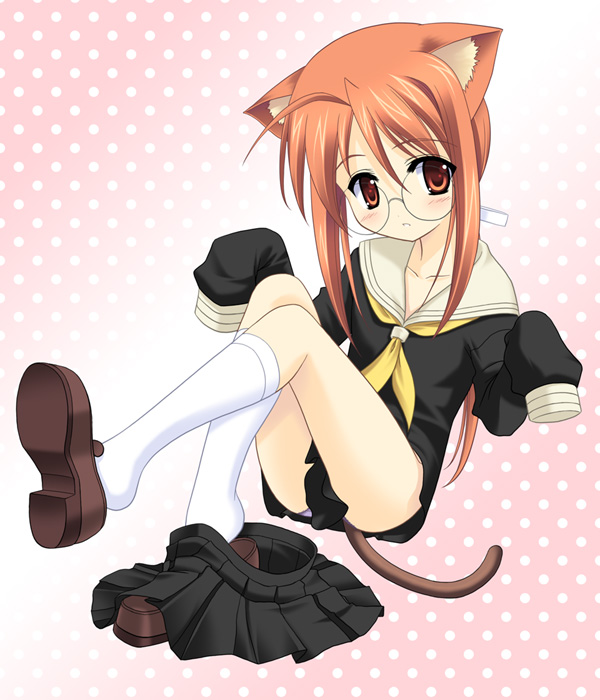 hasegawa chisame, mahou sensei negima!, 00s, ahoge, animal ears, bespectacled, cat ears, cat tail, glasses, oversized clothes, panties, pantyshot, red hair, school uniform, serafuku, shoe dangle, skirt, skirt around one leg, tail, underwear, unworn skirt
