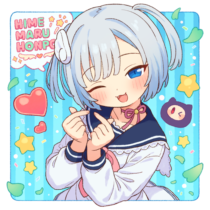 onyhakase, original, commentary request, 1girl, blue eyes, blue sailor collar, dress, heart, looking at viewer, one eye closed, sailor collar, solo, star (symbol)