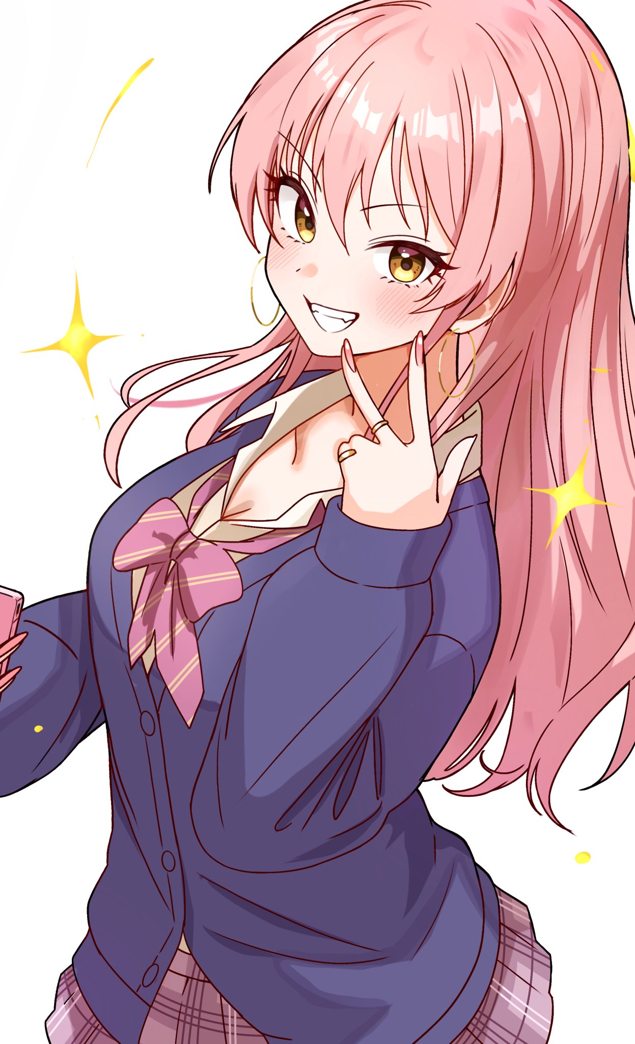 niban (puka 0507), jougasaki mika, idolmaster, idolmaster cinderella girls, idolmaster cinderella girls starlight stage, highres, 1girl, bow, bowtie, breasts, cardigan, cleavage, collarbone, from side, grin, hair between eyes, jewelry, long hair, long sleeves, looking at viewer, medium breasts, nail polish, pink bow, pink bowtie, pink hair, pink nails, pink skirt, plaid clothes, plaid skirt, purple cardigan, ring, school uniform, shirt, simple background, skirt, smile, solo, sparkle, straight hair, v-shaped eyebrows, w, white background, white shirt, yellow eyes