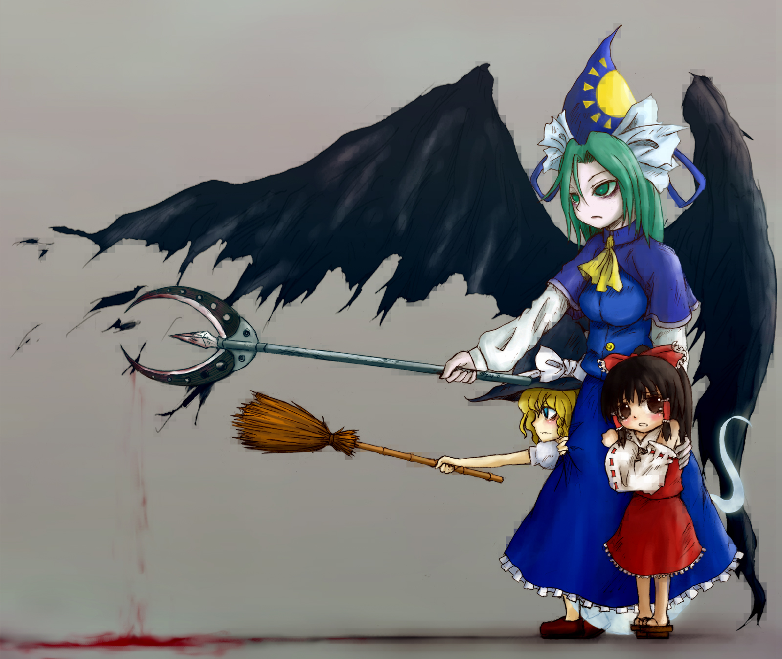 shisen, hakurei reimu, kirisame marisa, mima (touhou), touhou, touhou (pc-98), highres, 3girls, aged down, blonde hair, broom, child, female focus, full body, green eyes, green hair, grey background, hat, long hair, multiple girls, pale skin, scared, simple background, standing, wings, wizard hat