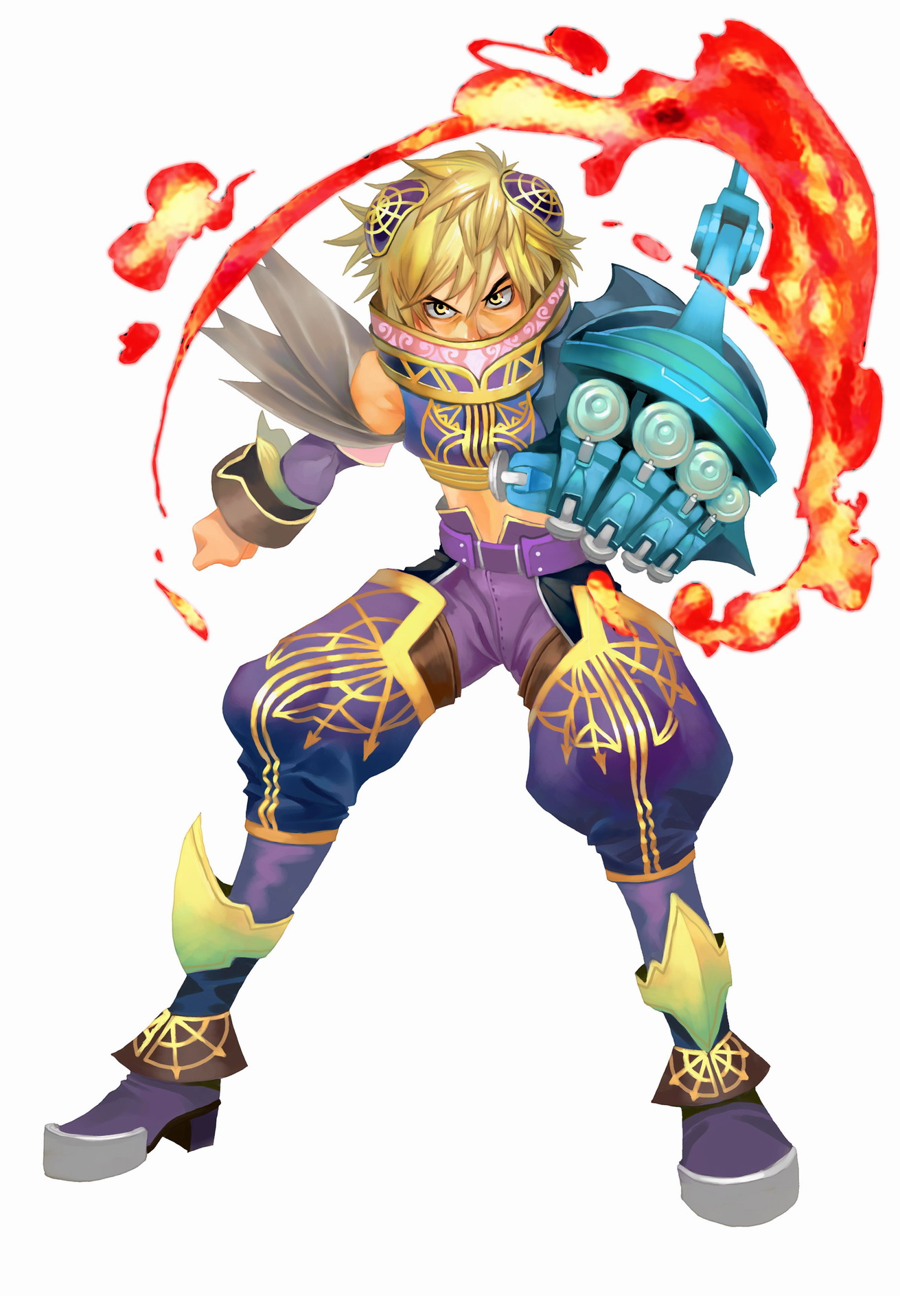 flyff, highres, 1boy, action, armor, billposter, blonde hair, fire, full body, male focus, solo, weapon