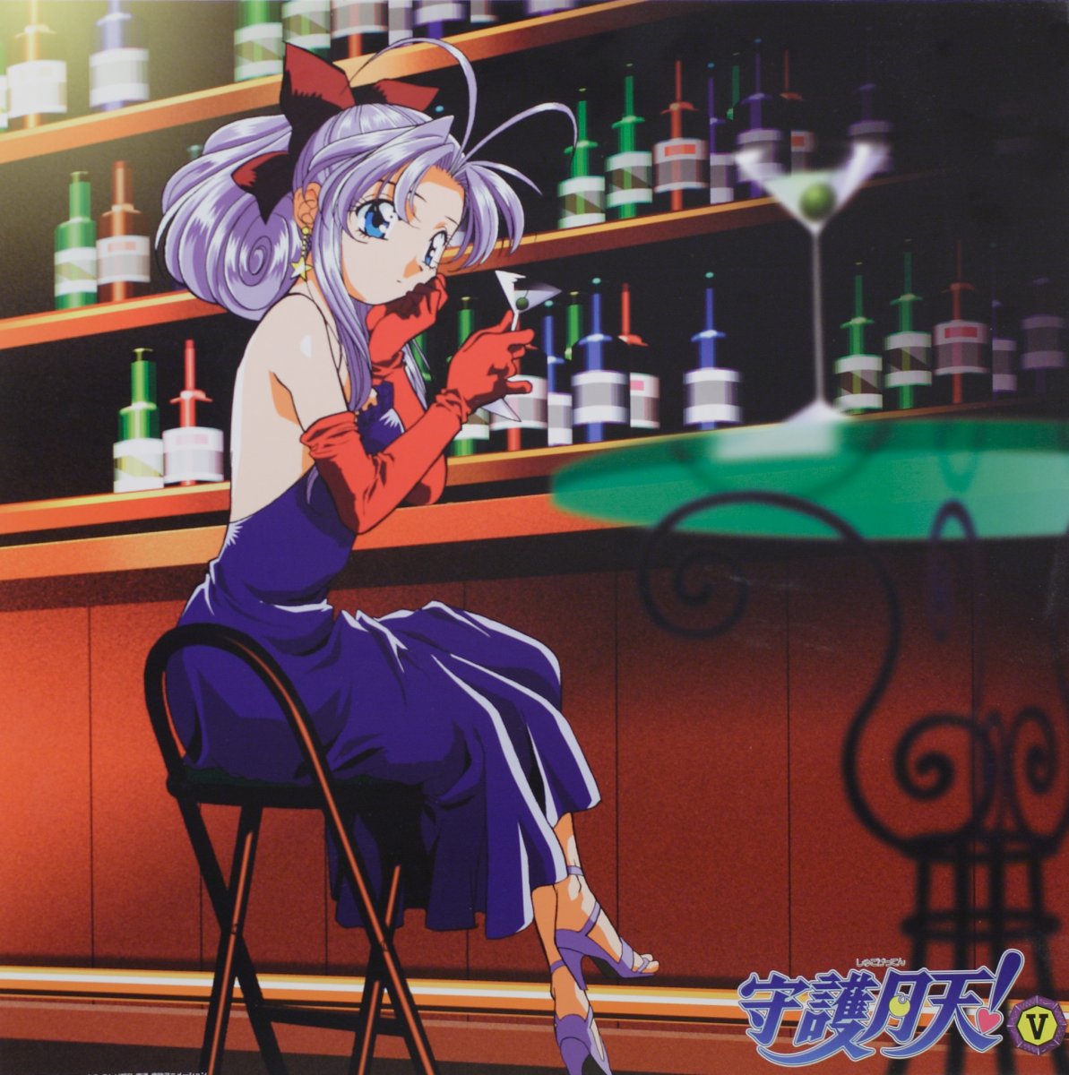 shugogetten shaolin, mamotte shugogetten!, highres, bar (place), blue eyes, dress, elbow gloves, glass, gloves, long hair, purple hair, sitting, solo
