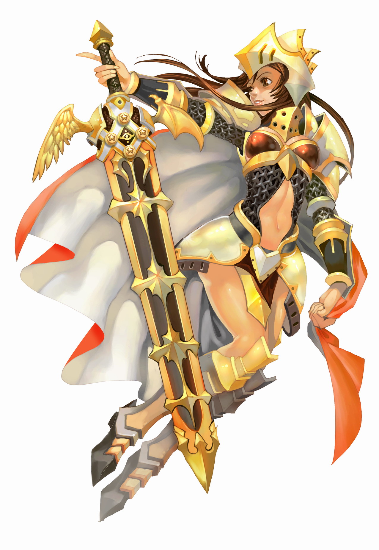flyff, highres, 1girl, armor, armored boots, boots, brown eyes, brown hair, cape, female focus, helmet, holding, holding weapon, knee boots, lips, long hair, long sleeves, looking to the side, navel, parted lips, pointing, shoulder pads, simple background, skirt, solo, sword, weapon, white background