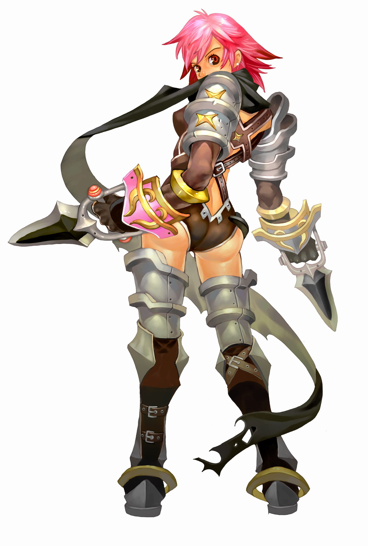 flyff, highres, armor, ass, boots, earrings, jewelry, pink hair, red eyes, scarf, short hair, solo, sword, thighhighs, weapon