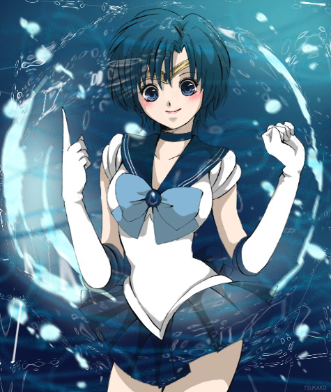 mizuno ami, sailor mercury, bishoujo senshi sailor moon, 1990s (style), 1girl, blue eyes, blue hair, blue theme, blush, bubble, choker, elbow gloves, female focus, gloves, matching hair/eyes, school uniform, serafuku, solo