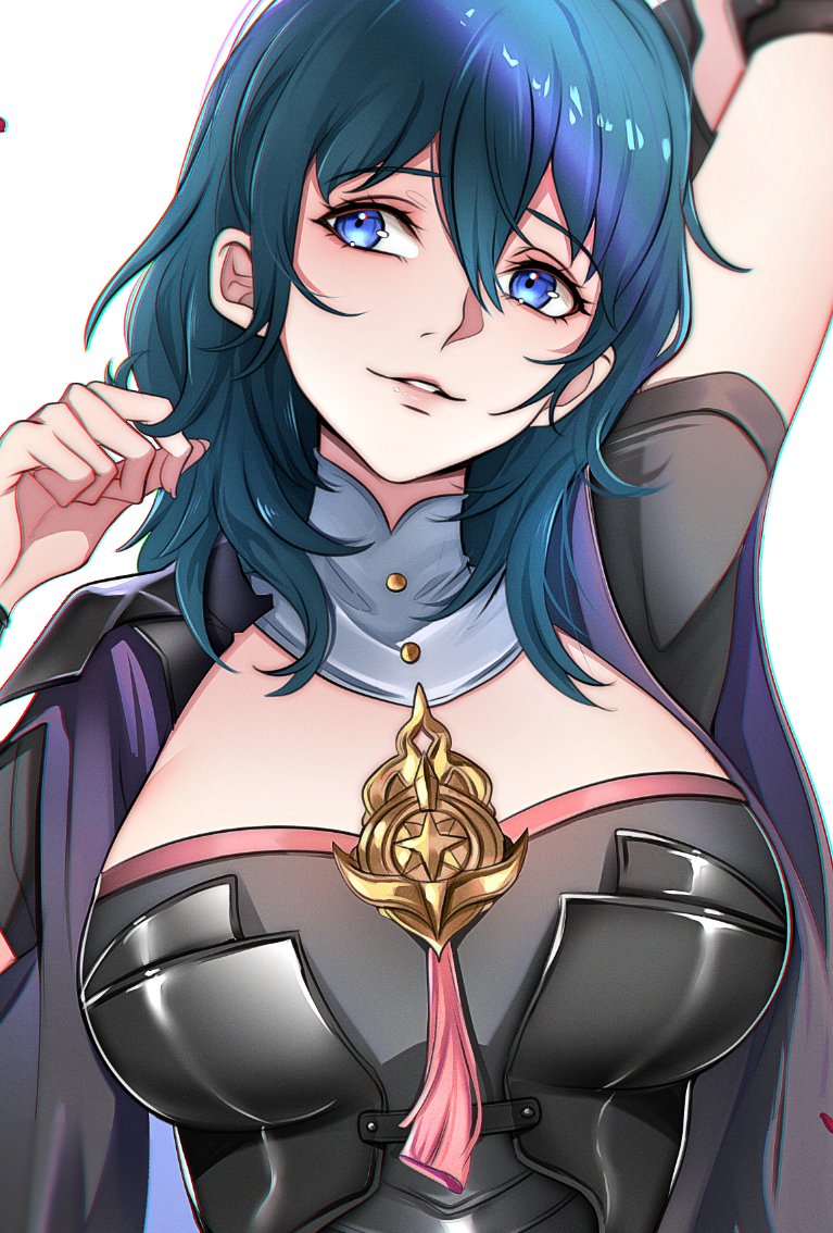 beneceadraws, female byleth (fire emblem), fire emblem, fire emblem: three houses, nintendo, commentary, 1girl, arm up, armor, black armor, blue eyes, blue hair, breasts, grin, hair between eyes, long hair, looking at viewer, medium breasts, parted lips, simple background, smile, solo, white background