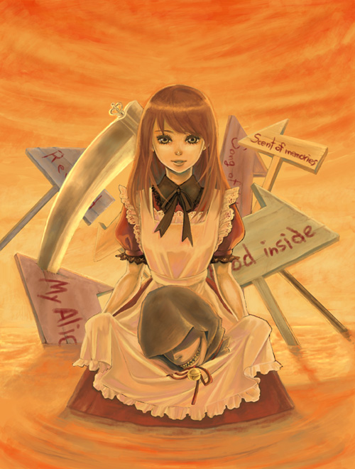 yugami no kuni no alice, apron, decapitation, scythe, sign, sunset