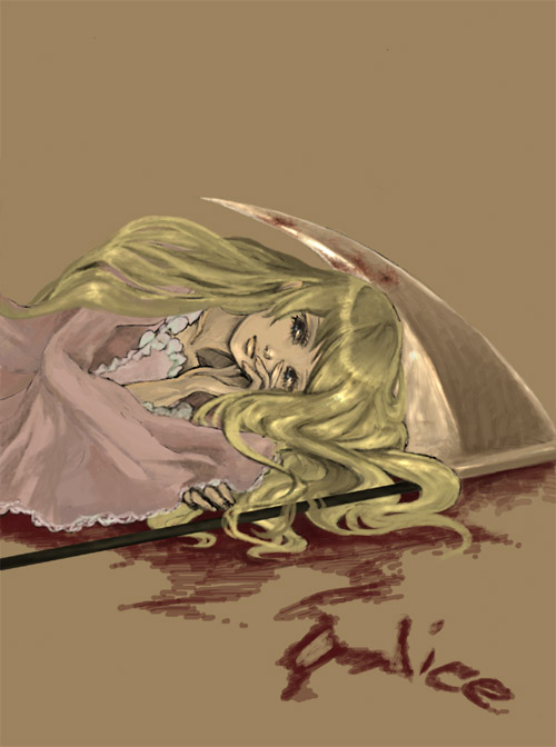 alice (alice in wonderland), yugami no kuni no alice, lowres, 1girl, blonde hair, blood, blood writing, character name, dress, expressionless, female focus, hand on own face, lips, long hair, long sleeves, looking at viewer, lying, muted color, nose, on side, pink dress, scythe, simple background, sleeves past wrists, solo, upper body