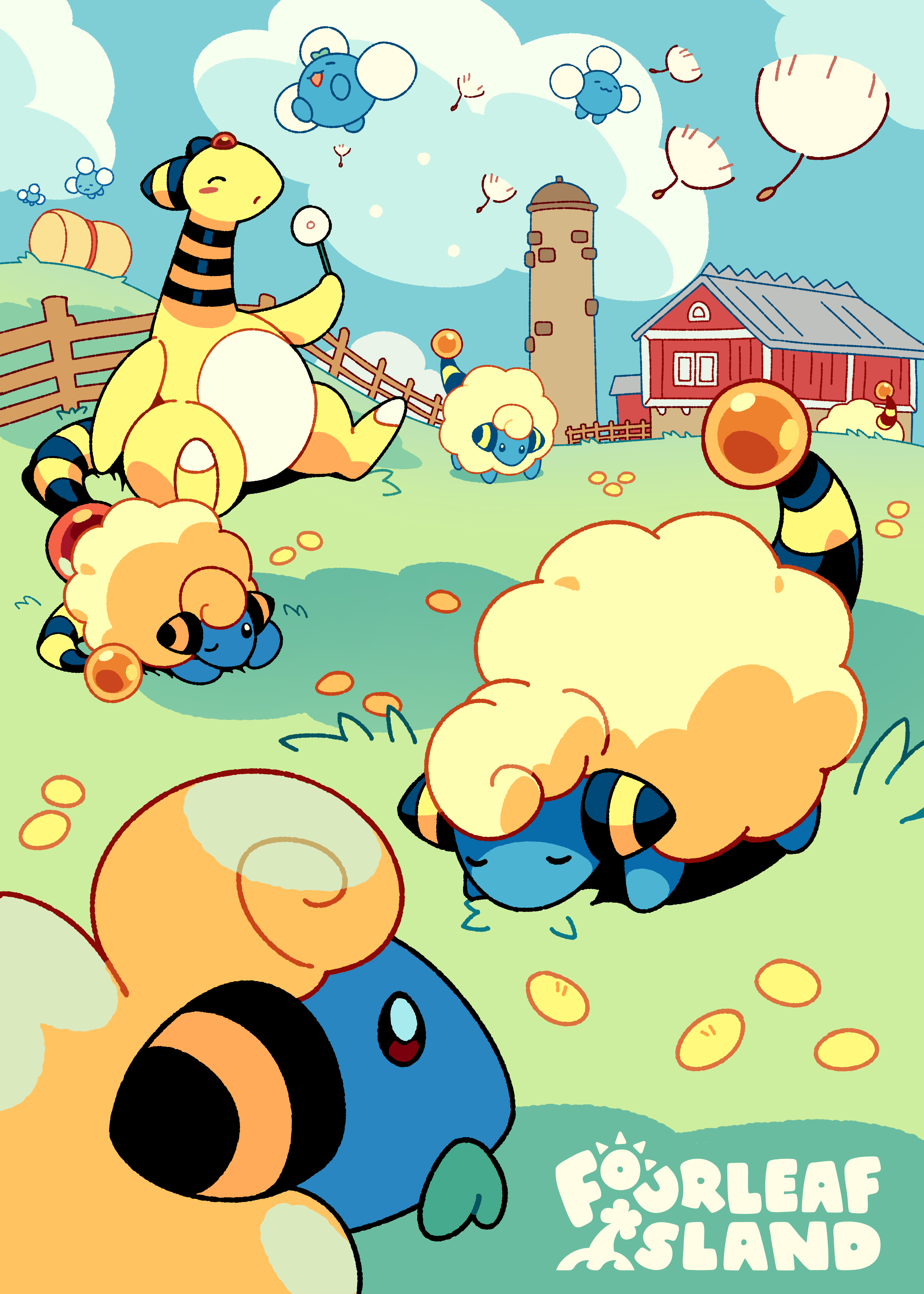 fourleafisland, ampharos, jumpluff, mareep, nintendo, pokemon, absurdres, highres, alternate costume, artist name, blue fur, blue sky, cloud, day, english text, farm, fence, gen 2 pokemon, grass, outdoors, pokemon (creature), sitting, sky, tail, two-tone fur, white fur, wooden fence, wool, yellow fur