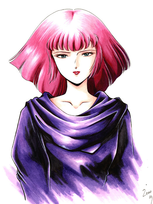 haman karn, gundam, zeta gundam, 1980s (style), commentary request, 1girl, 2000, dated, kitazume hiroyuki (style), looking at viewer, neo zeon, oldschool, portrait, purple hair, red lips, retro artstyle, science fiction, signature, white background, yumemi ai