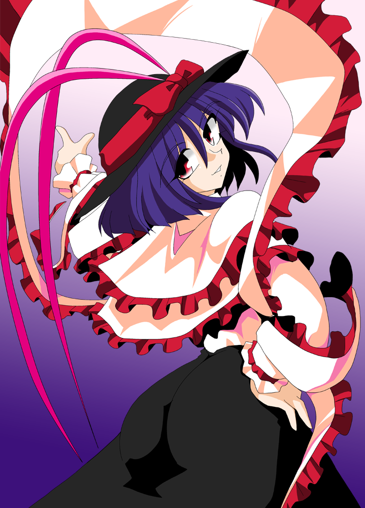 kieyza, nagae iku, saturday night fever, touhou, 1girl, ass, blue background, blue hair, bow, capelet, female focus, from behind, gradient background, grin, hand on own hip, hat, hat bow, hat ribbon, looking at viewer, looking back, parted lips, pointing, purple hair, red eyes, ribbon, shawl, short hair, skirt, smile, solo, standing, straight hair, white background
