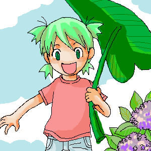 koiwai yotsuba, yotsubato!, aliasing, lowres, 1girl, child, female focus, flower, green eyes, green hair, happy, hydrangea, leaf, leaf umbrella, matching hair/eyes, oekaki, open mouth, outdoors, quad tails, shirt, smile, solo, t-shirt