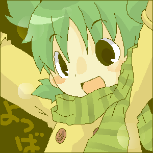 koiwai yotsuba, yotsubato!, aliasing, lowres, translated, 1girl, blush, blush stickers, character name, child, female focus, green hair, happy, oekaki, open mouth, scarf, simple background, smile, solo