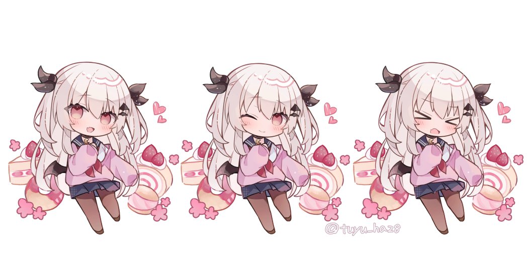 ringouulu, original, commentary, commission, skeb commission, > <, 1girl, :d, ;), bat wings, black ribbon, blue sailor collar, blue skirt, blush, borrowed character, brown pantyhose, brown shoes, cake, cake slice, chibi, chibi only, closed eyes, closed mouth, fang, food, fruit, full body, hair between eyes, hair ribbon, long hair, long sleeves, looking at viewer, neckerchief, one eye closed, open mouth, pantyhose, pink sweater, pleated skirt, red eyes, red neckerchief, ribbon, sailor collar, school uniform, serafuku, shoes, simple background, single wing, skin fang, skirt, sleeves past fingers, sleeves past wrists, smile, standing, strawberry, sweater, swiss roll, twitter username, two side up, white background, white hair, wings