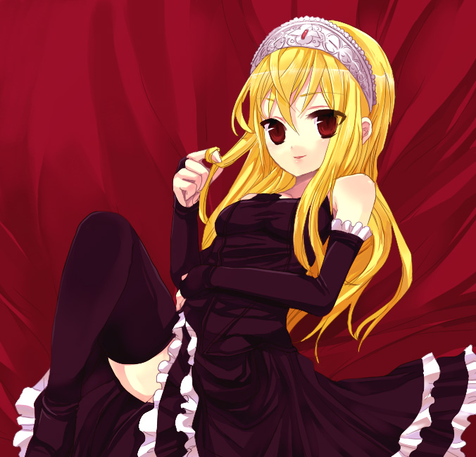 yu (pixiv), hime (kaibutsu oujo), kaibutsu oujo, 00s, blonde hair, dress, gloves, red eyes, thighhighs, tiara, twirling hair