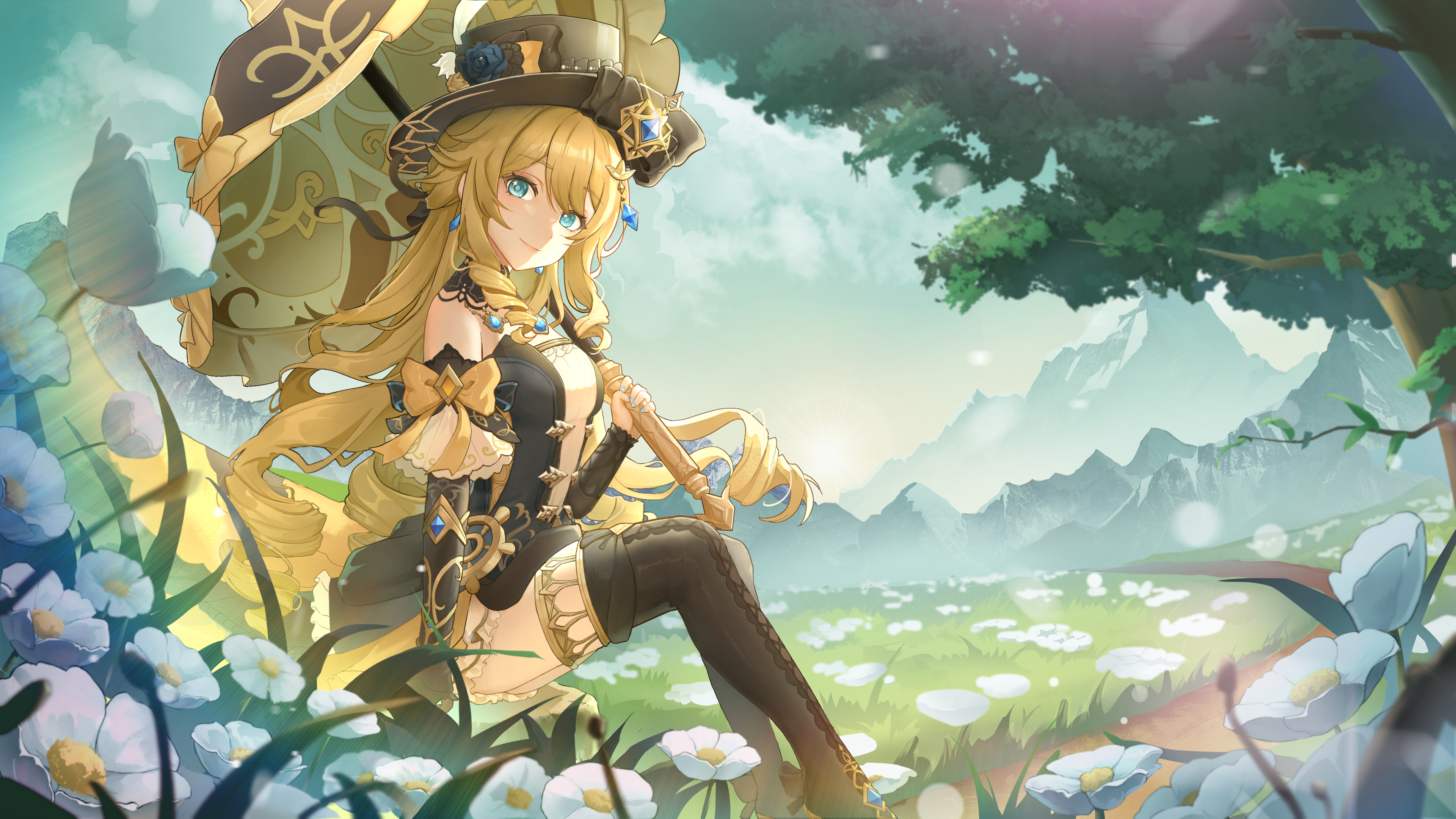 navia (genshin impact), genshin impact, absurdres, commentary request, highres, 1girl, black boots, black hat, blonde hair, blue eyes, blue gemstone, blue nails, boots, bow, closed mouth, day, dress, drill hair, earrings, feet out of frame, floating hair, flower, from side, gears, gem, grass, hat, hat flower, holding, holding umbrella, jewelry, light smile, long hair, looking at viewer, looking to the side, mountain, nail polish, necklace, outdoors, sitting, solo, star (symbol), star in eye, strapless, strapless dress, symbol in eye, thigh boots, tree, umbrella, user rkvj7772, white flower, yellow bow