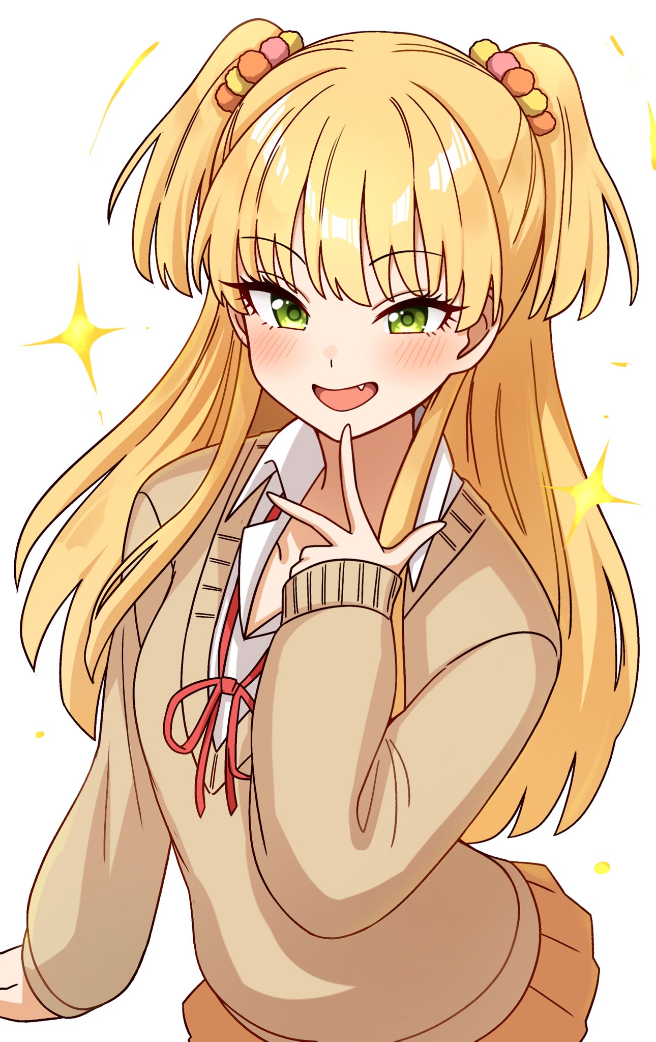 niban (puka 0507), jougasaki rika, idolmaster, idolmaster cinderella girls, idolmaster cinderella girls starlight stage, highres, 1girl, blonde hair, breasts, brown sweater, collarbone, fang, green eyes, hair ornament, long hair, long sleeves, looking at viewer, neck ribbon, open mouth, orange skirt, red ribbon, ribbon, shirt, simple background, skirt, small breasts, smug, solo, sparkle, sweater, two side up, upper body, w, white background, white shirt