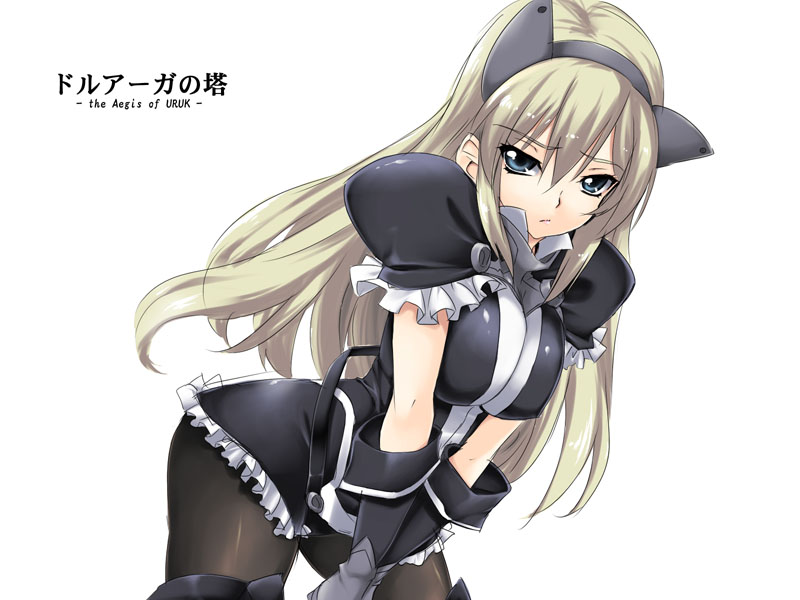 hotori (sion), fatina, druaga no tou, bad id, bad pixiv id, 1girl, animal ears, bent over, black dress, black pantyhose, blonde hair, breasts, breasts squeezed together, cat ears, dress, fake animal ears, female focus, hairband, large breasts, long hair, looking at viewer, pantyhose, puffy short sleeves, puffy sleeves, short sleeves, simple background, solo, very long hair, white background