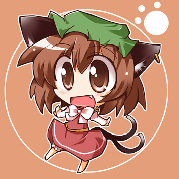 shirogane (platinum), chen, touhou, lowres, animal ears, brown eyes, brown hair, cat ears, cat tail, chibi, earrings, fang, jewelry, multiple tails, open mouth, short hair, solo, tail