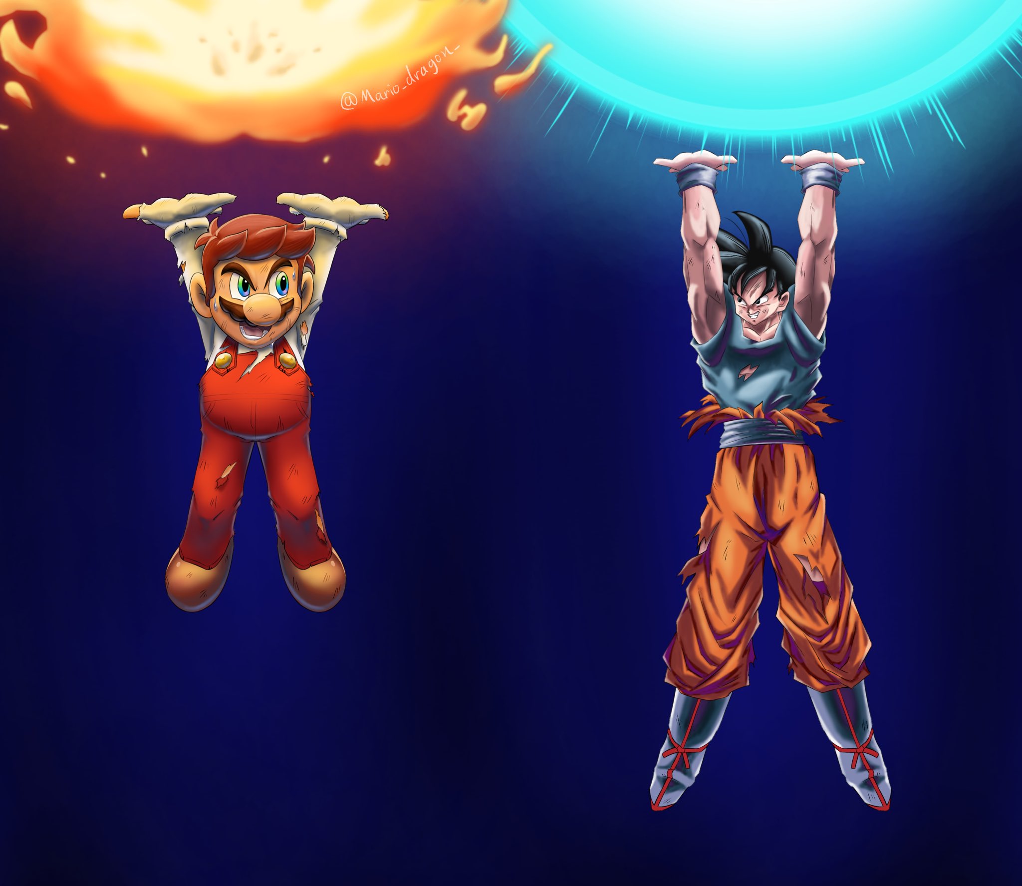 fire mario, mario, son goku, dragonball z, mario (series), nintendo, super mario bros. 1, highres, 2boys, head, arms up, black hair, blue eyes, brown hair, facial hair, fire, fireball, full body, gloves, height difference, looking at another, multiple boys, mustache, serious, sweat