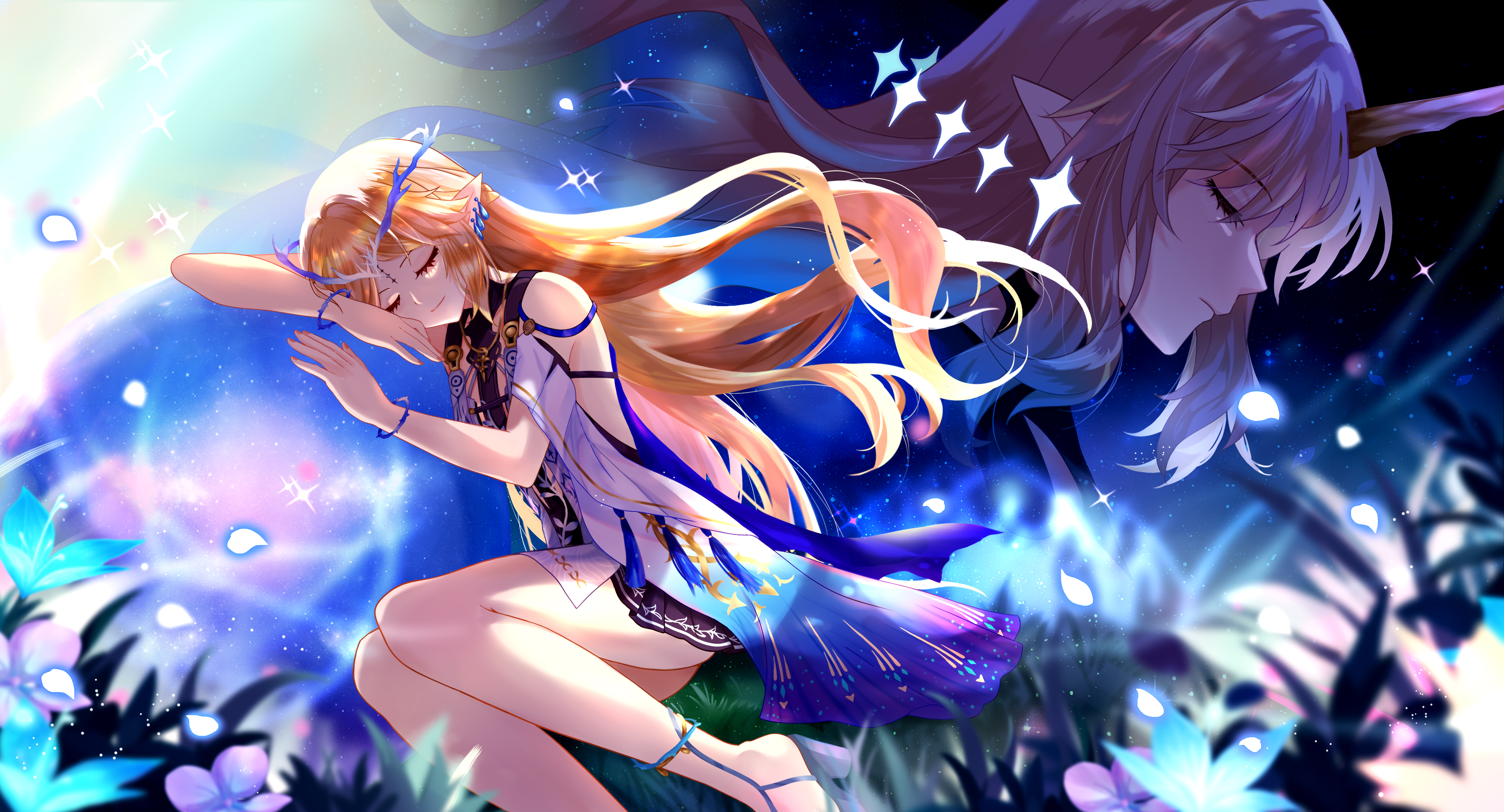 kareko (xs-1833), cartethyia (wuthering waves), fleurdelys (wuthering waves), wuthering waves, absurdres, chinese commentary, commentary request, highres, 2girls, bare shoulders, black dress, blonde hair, closed eyes, closed mouth, crown of thorns, dress, dual persona, earrings, floating earrings, horns, jewelry, long hair, multiple earrings, multiple girls, parted bangs, pointy ears, sidelocks, single horn, smile, tabard, tacet mark (wuthering waves), very long hair, white tabard