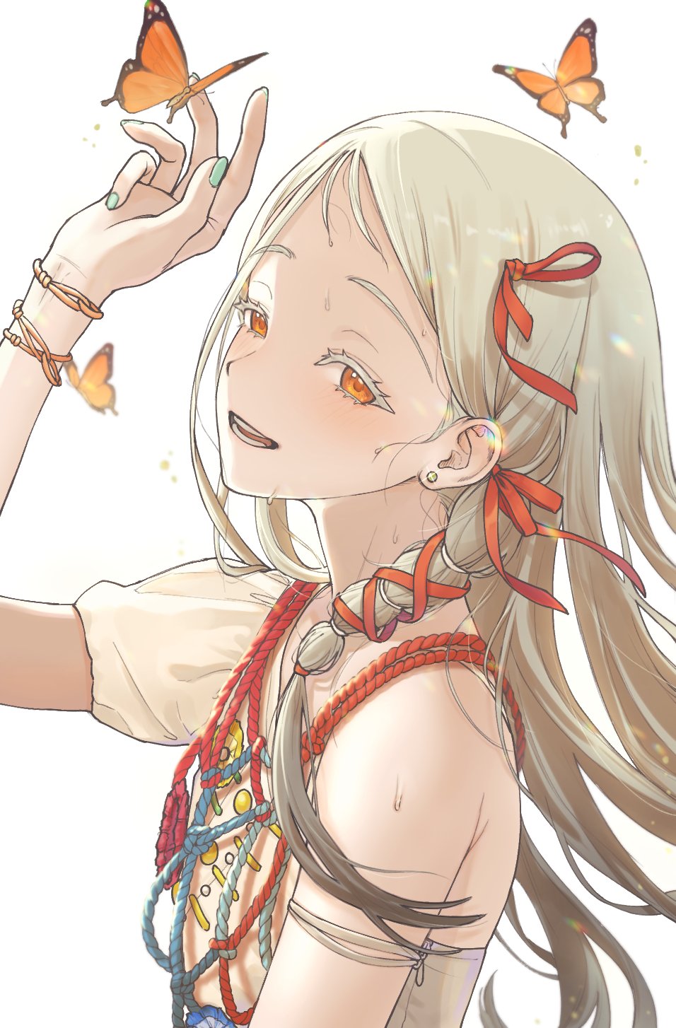 imaninjaguy, shinosawa hiro, gakuen idolmaster, idolmaster, highres, 1girl, alternate hairstyle, bare shoulders, blonde hair, blurry, blurry background, braid, bug, butterfly, colored eyelashes, earrings, floating hair, from side, green nails, hair ribbon, hand up, insect, jewelry, long hair, looking at viewer, nail polish, orange butterfly, orange eyes, rainbow gradient, red ribbon, ribbon, ribbon braid, shirt, short sleeves, simple background, single bare shoulder, single sleeve, smile, solo, sweat, white background, white shirt