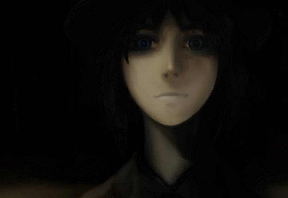 futon (kitsune tsuki), kitsune tsuki, usami renko, touhou, 1girl, black hair, blue eyes, close-up, closed mouth, dark, empty eyes, expressionless, female focus, lips, looking at viewer, simple background, solo, upper body