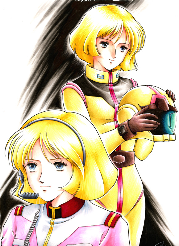 sayla mass, gundam, mobile suit gundam, 1980s (style), commentary request, 1girl, belt, blonde hair, blue eyes, dual persona, earth federation, headset, helmet, holding, holding unworn helmet, mecha pilot suit, military rank insignia, military uniform, oldschool, retro artstyle, science fiction, unworn headwear, unworn helmet, yumemi ai