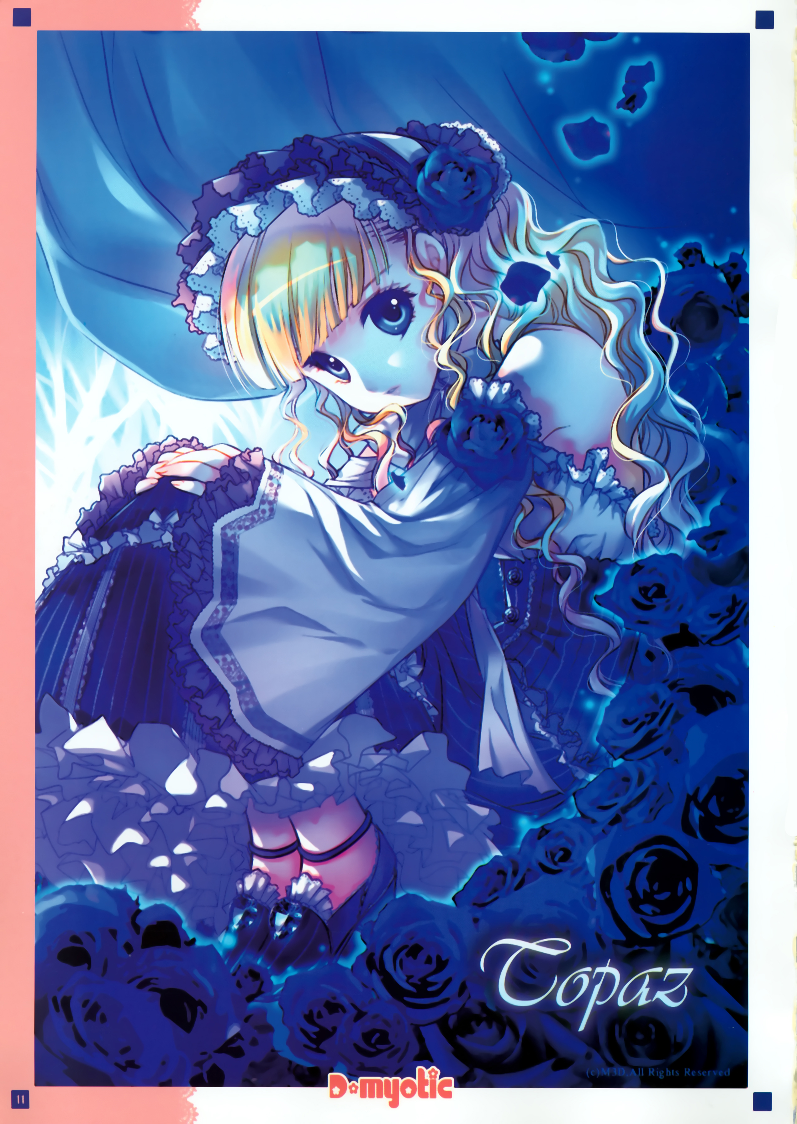 shirahane nao, topaz (dymotic), dmyotic, absurdres, highres, 1girl, blonde hair, blue eyes, blue flower, blue rose, character name, dress, female focus, flower, frills, goth fashion, gothic lolita, lolita fashion, long hair, rose, solo