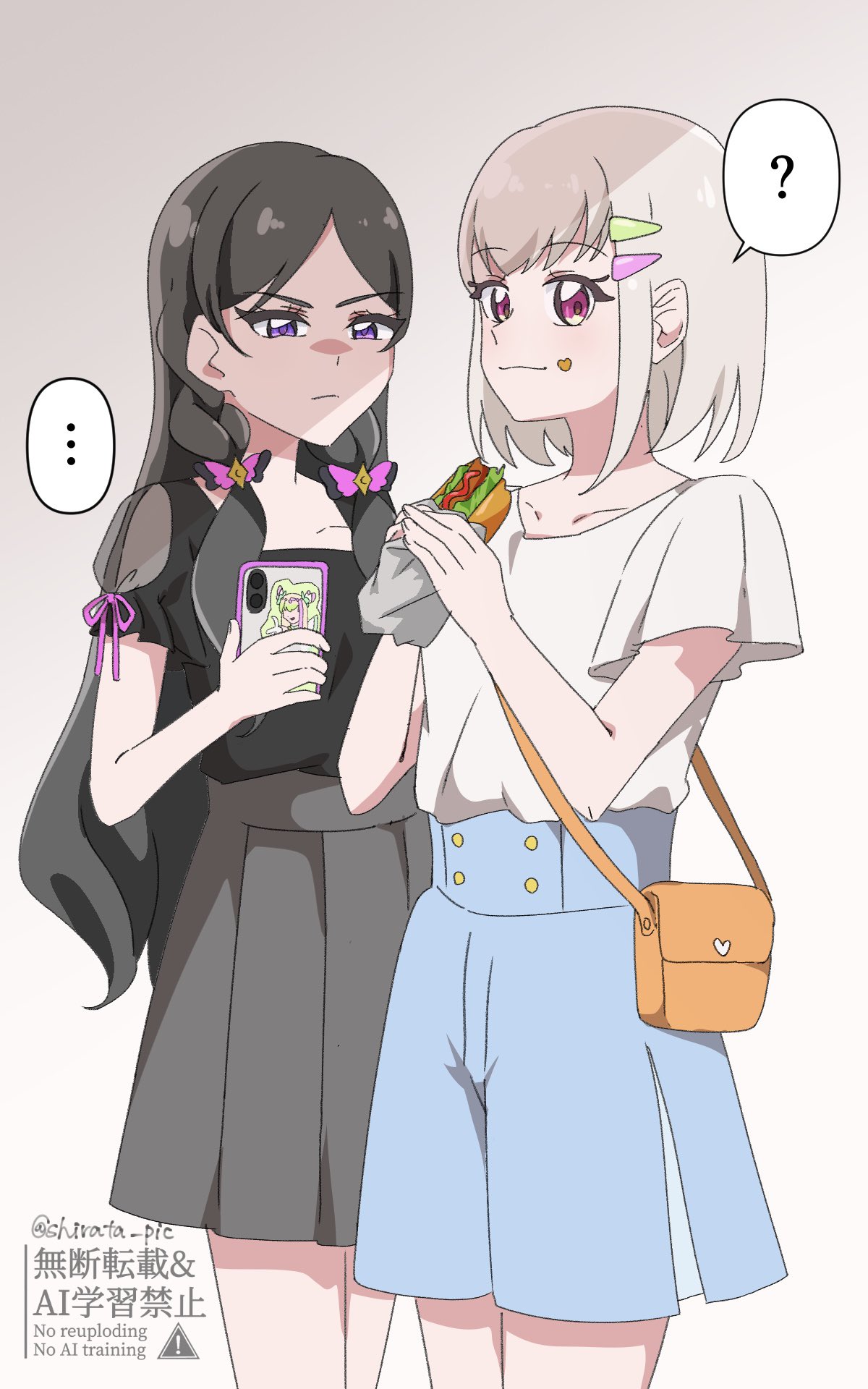 meroron (precure), purirun (precure), kimi to idol precure, precure, highres, 2girls, angry, bag, bare arms, bare legs, black hair, black shirt, black skirt, blonde hair, blunt bangs, bob cut, braid, collarbone, dating, denim, eating, food, glance, hair ornament, hair ribbon, hair tie, hairpin, holding, holding food, holding phone, hot dog, long hair, low twintails, meroron (civilian) (precure), miniskirt, multiple girls, neck, parted bangs, phone, pink eyes, purirun (civilian) (precure), purple eyes, ribbon, sausage, see-through clothes, see-through sleeves, shirata pic, shirt, short hair, short sleeves, shoulder bag, sideways glance, skirt, twin braids, twintails, twitter username, very long hair, watermark, white shirt